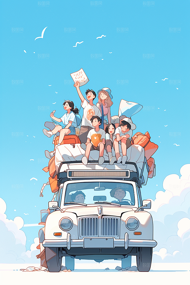 学生放暑假出游夏天插画