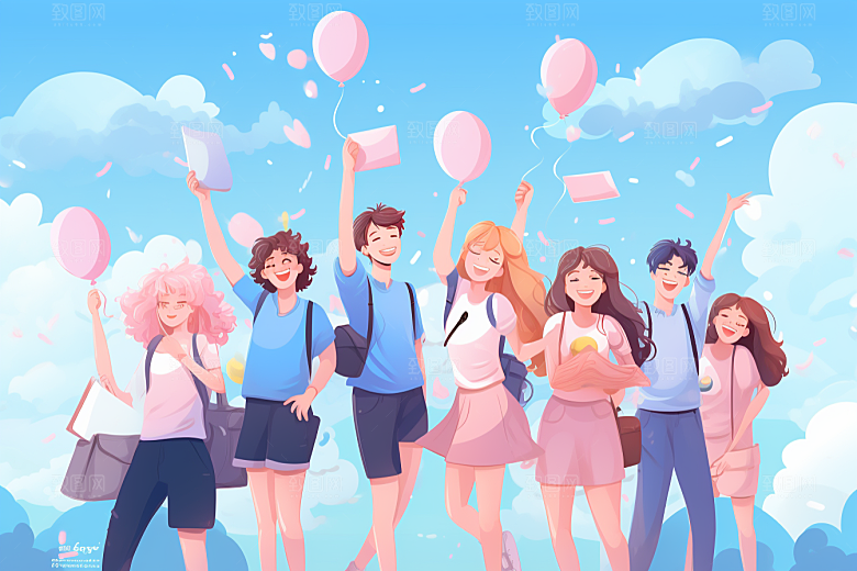学生放暑假旅游出游插画