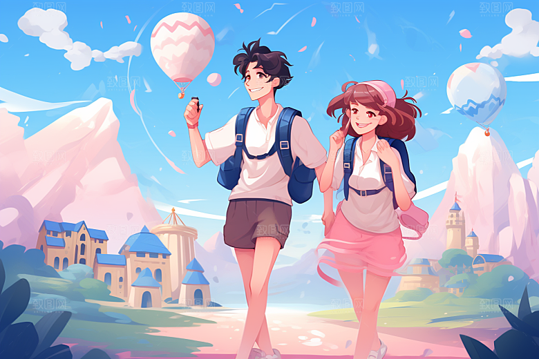 学生放暑假毕业旅游结业插画