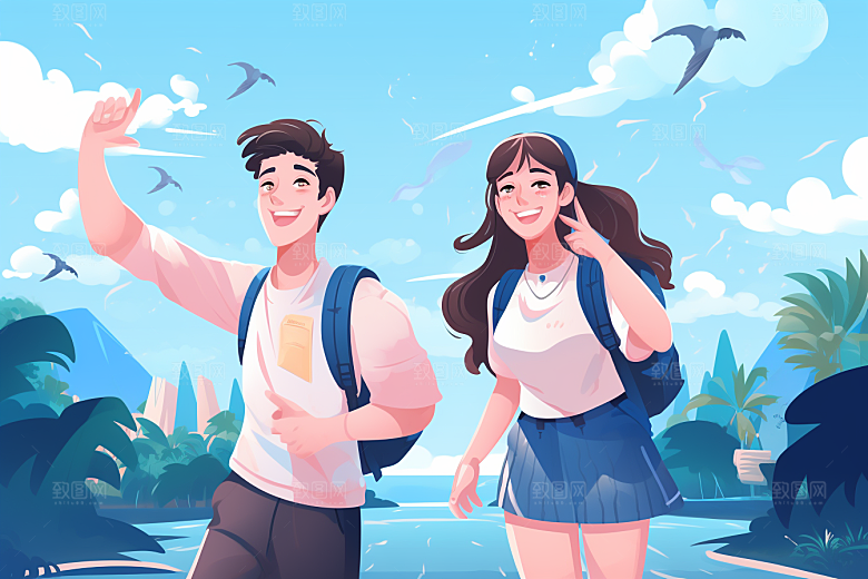 学生放暑假旅游快乐插画