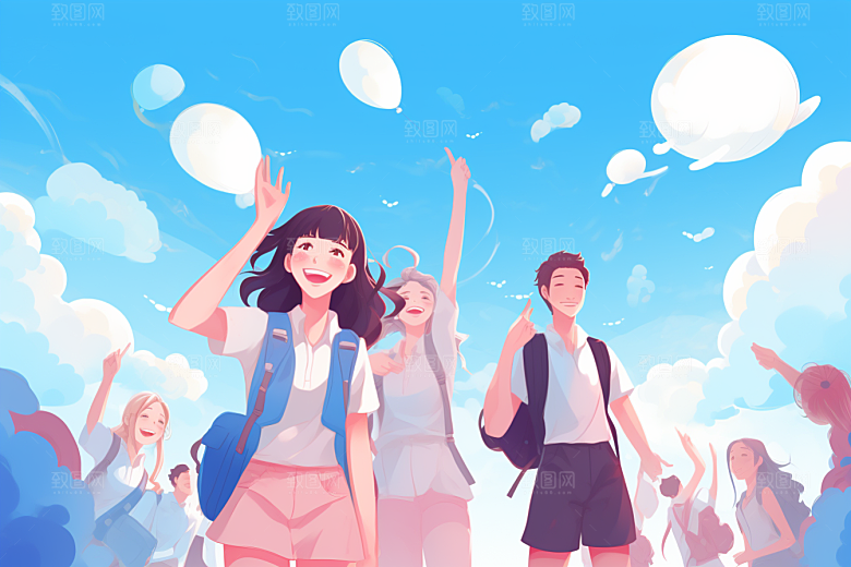 学生放暑假出游放假了插画