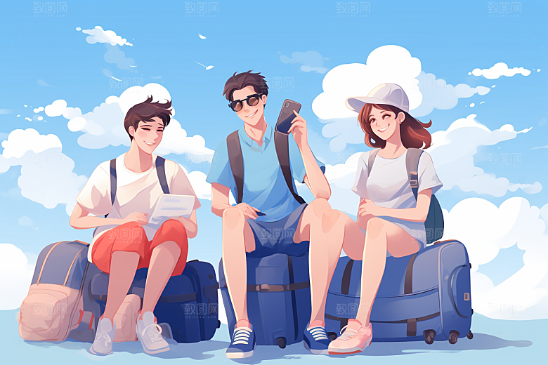 学生放暑假夏天出游插画