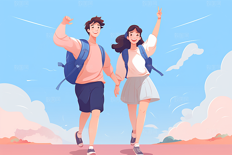 学生放暑假漫画风快乐插画