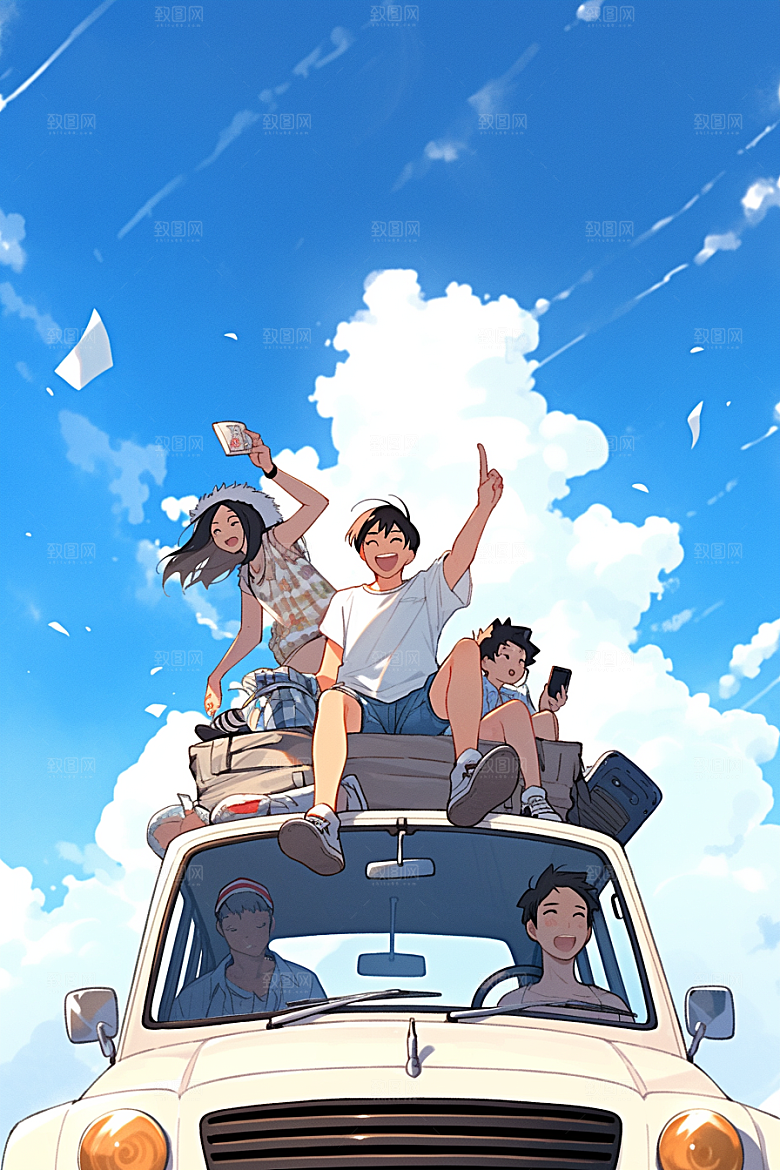 学生放暑假结伴毕业旅游插画