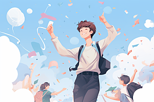 学生放暑假夏天出游插画