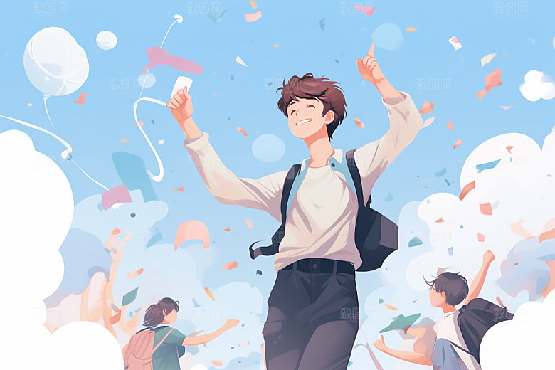 学生放暑假夏天出游插画