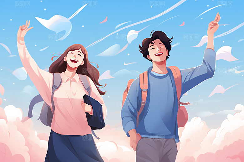 学生放暑假旅游放假了插画