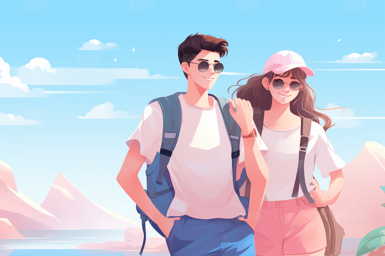 学生放暑假放假了毕业旅游插画