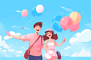 学生放暑假出游放假了插画