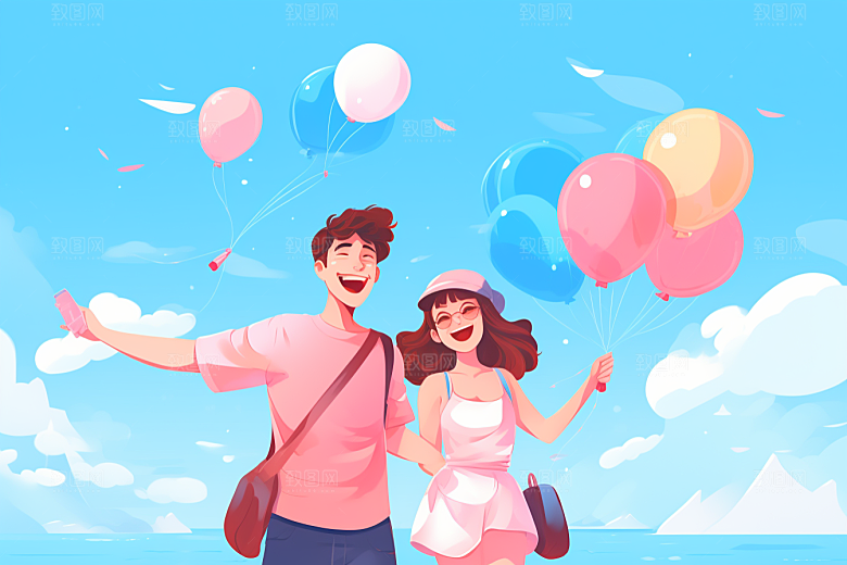 学生放暑假出游放假了插画