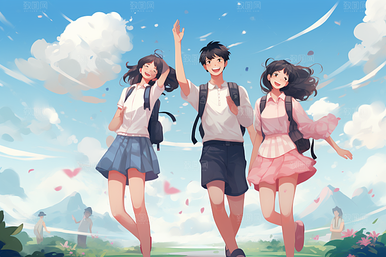 学生放暑假出游结业插画
