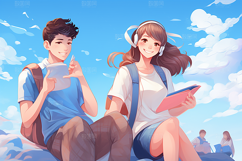 学生放暑假手绘漫画风插画