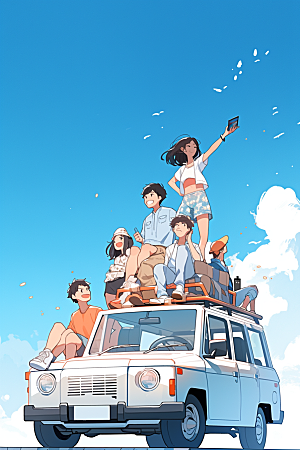 学生放暑假结业毕业旅游插画