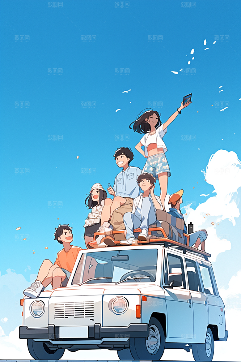 学生放暑假结业毕业旅游插画