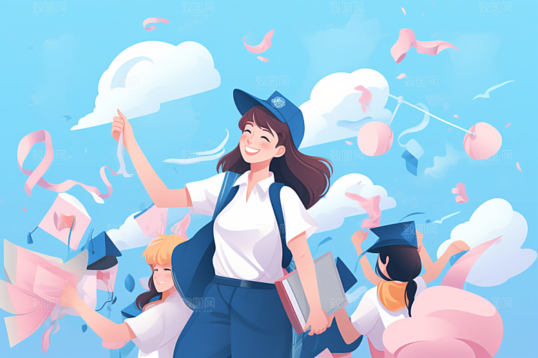 学生放暑假毕业旅游漫画风插画