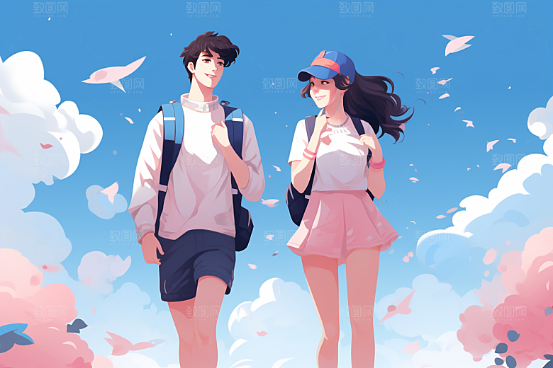 学生放暑假出游结伴插画