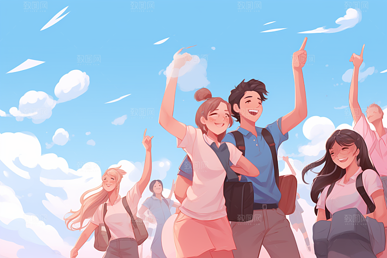 学生放暑假毕业旅游快乐插画