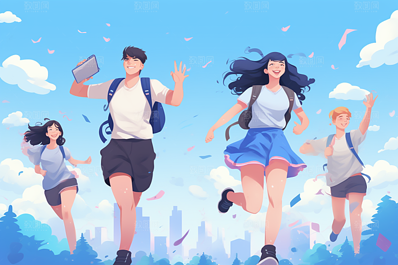 学生放暑假手绘结伴插画