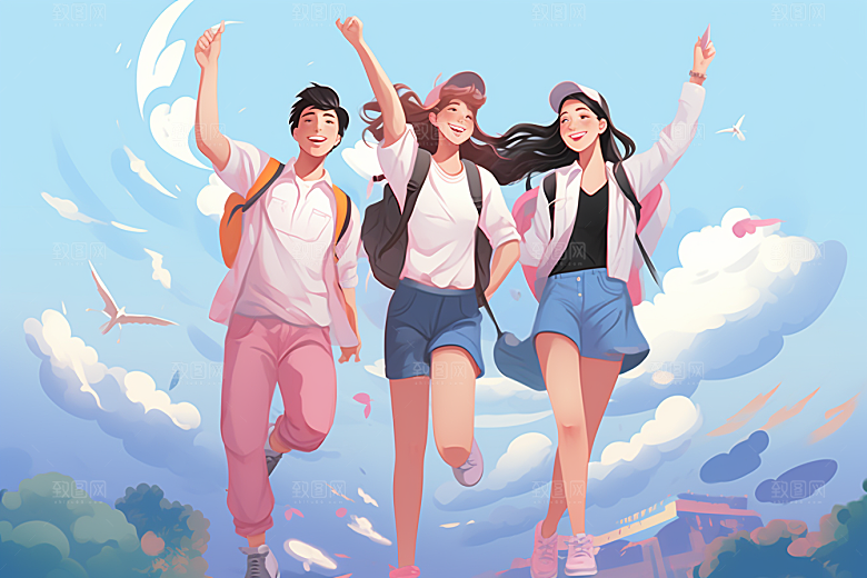 学生放暑假结伴快乐插画
