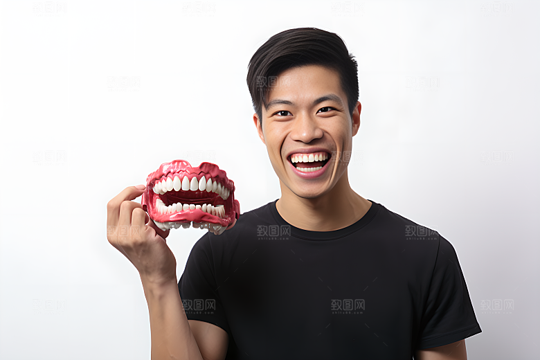 牙科广告人物人物肖像假牙模型摄影图