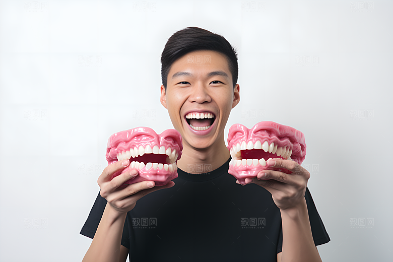牙科广告人物人物肖像假牙模型摄影图