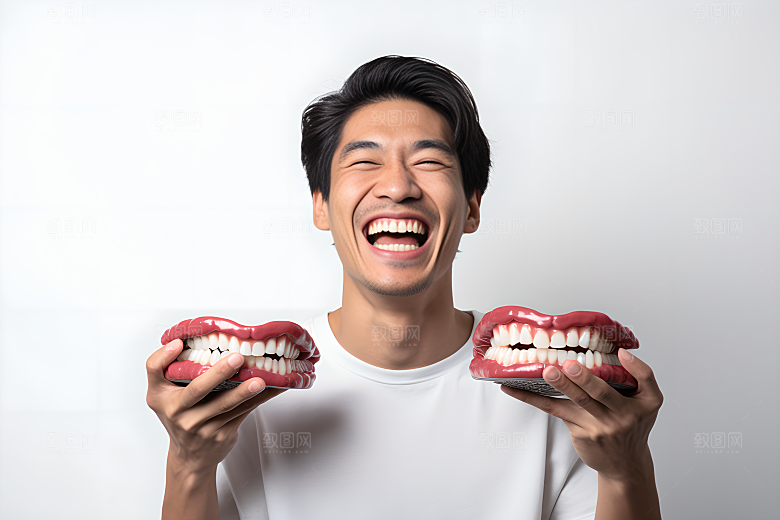 牙科广告人物人物肖像假牙模型摄影图