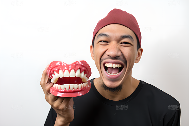 牙科广告人物牙病防治假牙模型摄影图