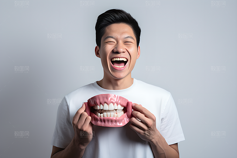 牙科广告人物人物肖像假牙模型摄影图