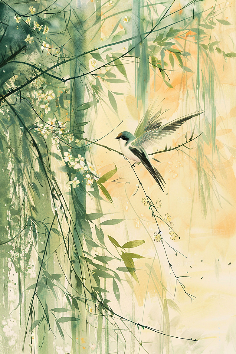 燕子春天水墨画插画