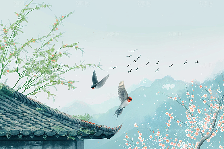 燕子手绘水墨画插画