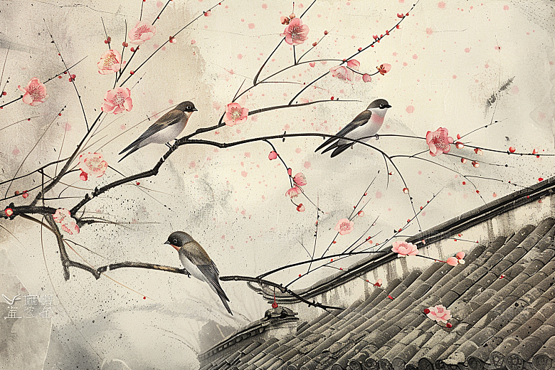燕子春天水墨画插画