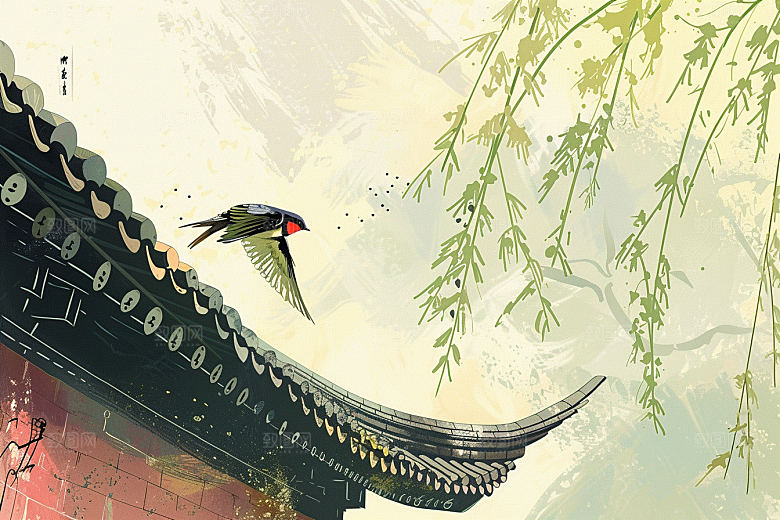 燕子清明水墨画插画