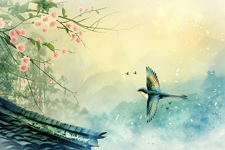 燕子手绘水墨画插画