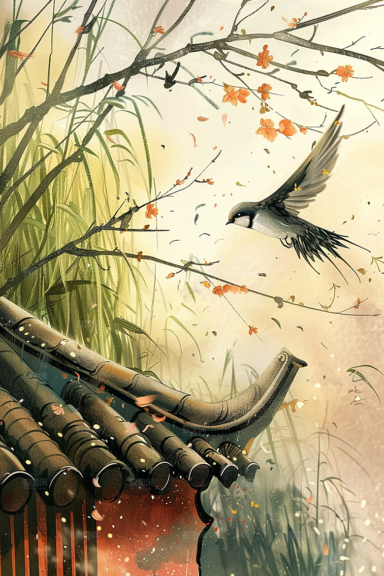 燕子水墨画手绘插画