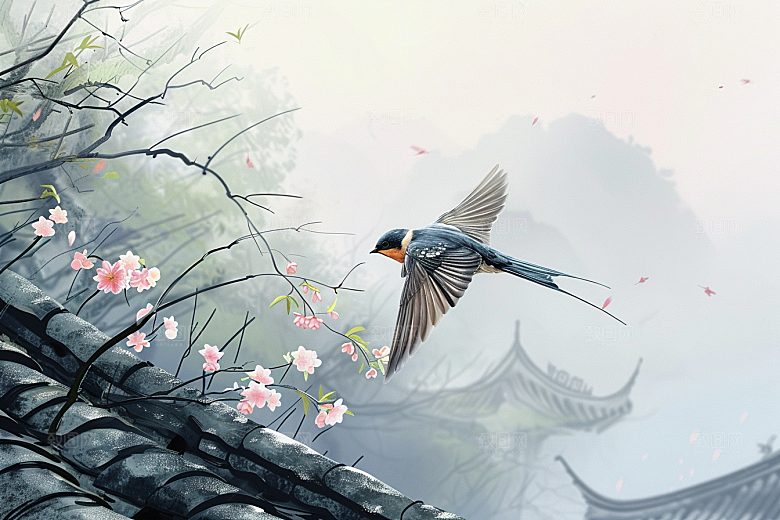 燕子谷雨清新插画