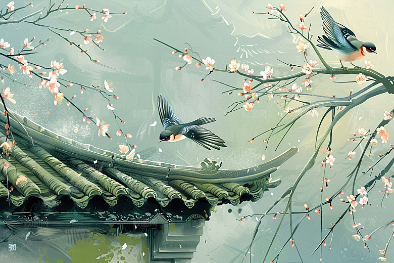 燕子水墨画手绘插画