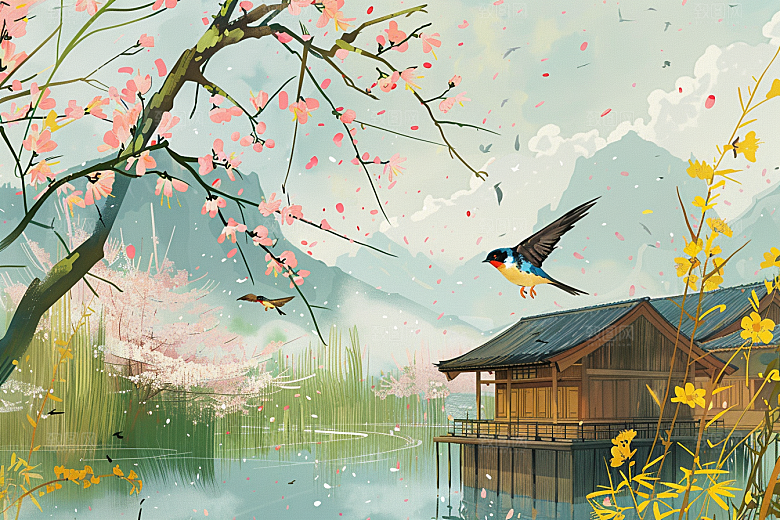燕子谷雨清新插画