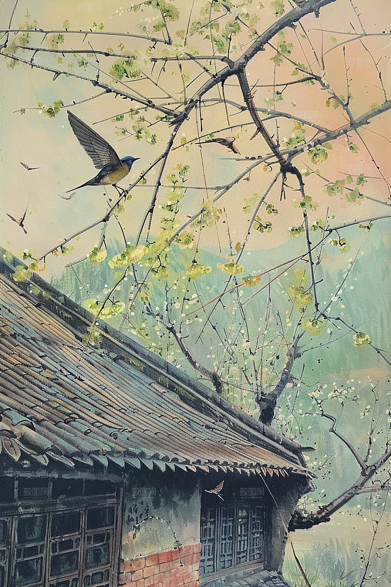 燕子春天中式插画