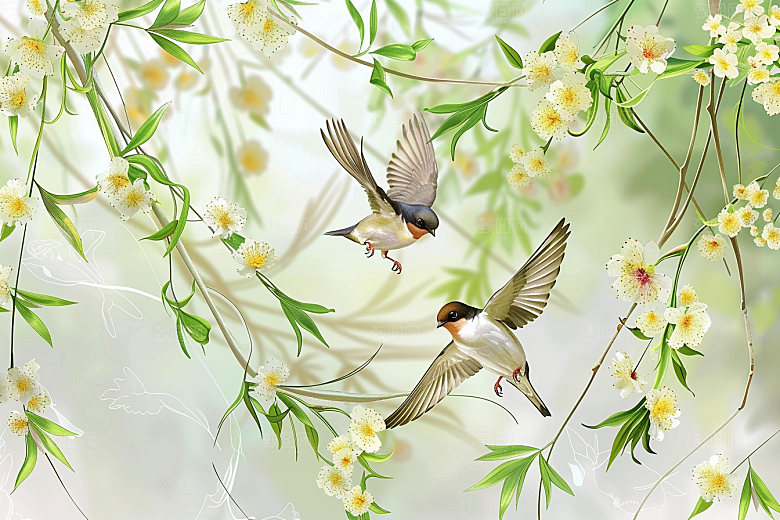 燕子水墨画手绘插画