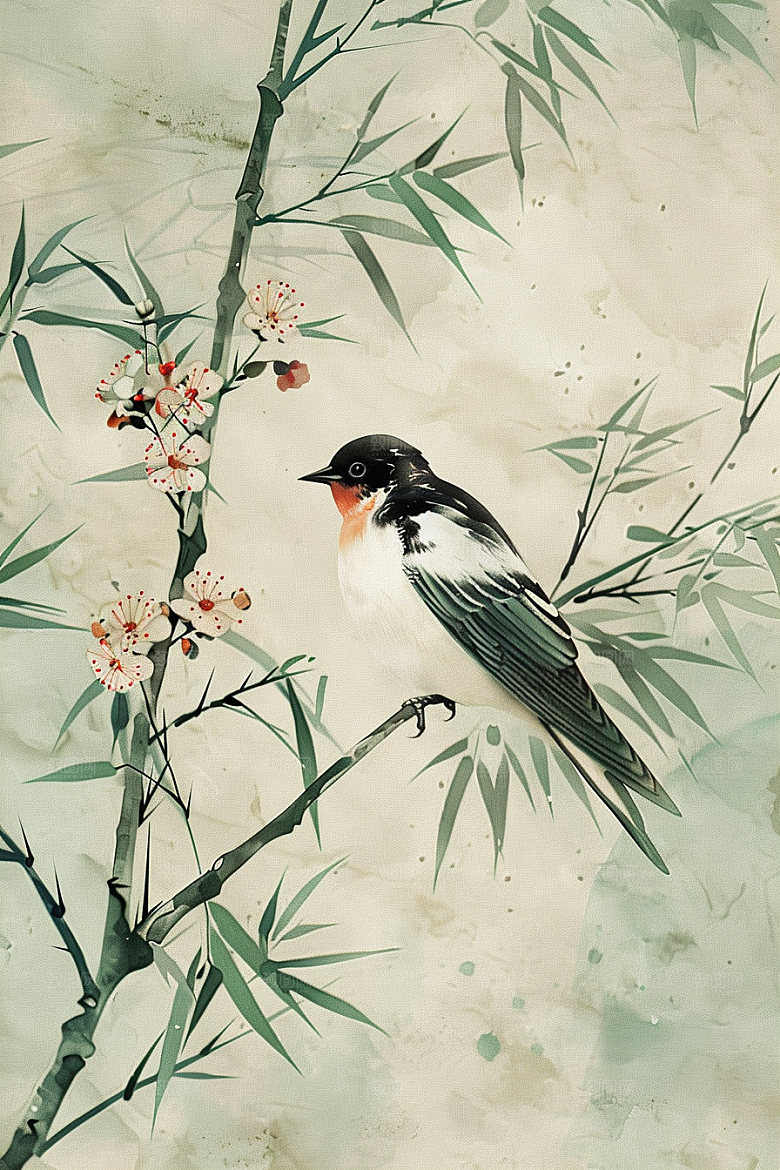 燕子谷雨水墨画插画