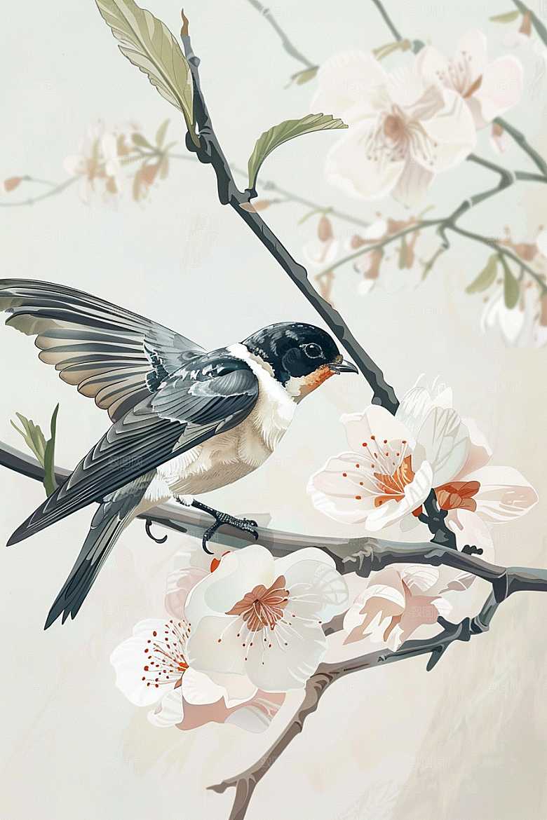 燕子水墨画手绘插画