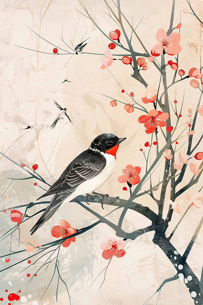 燕子手绘中式插画
