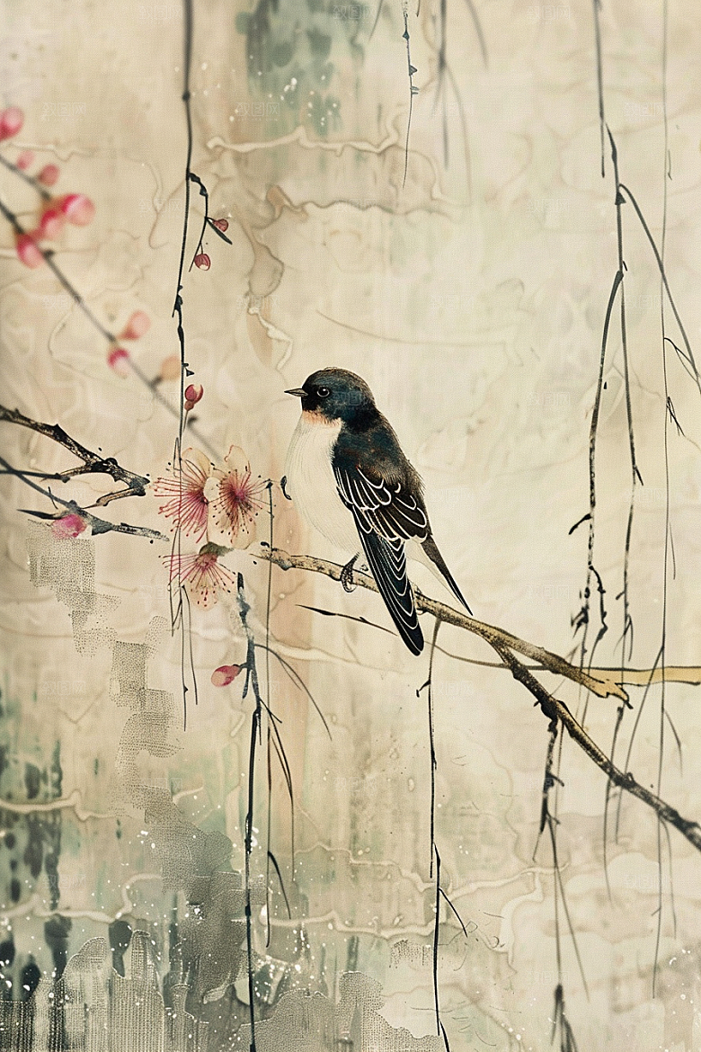 燕子中国风水墨画插画