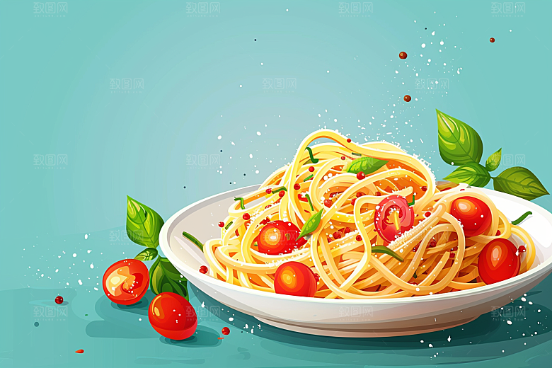意大利面手绘美食插画
