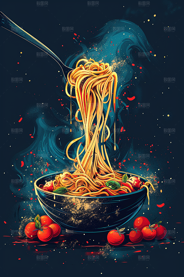 意大利面肉酱面手绘插画