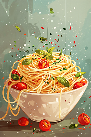 意大利面手绘番茄面插画