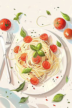 意大利面番茄面手绘插画