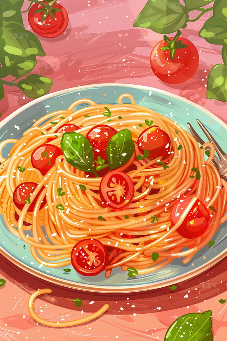 意大利面西餐手绘插画