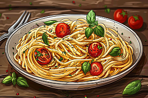 意大利面番茄面手绘插画