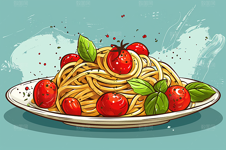 意大利面手绘美食插画